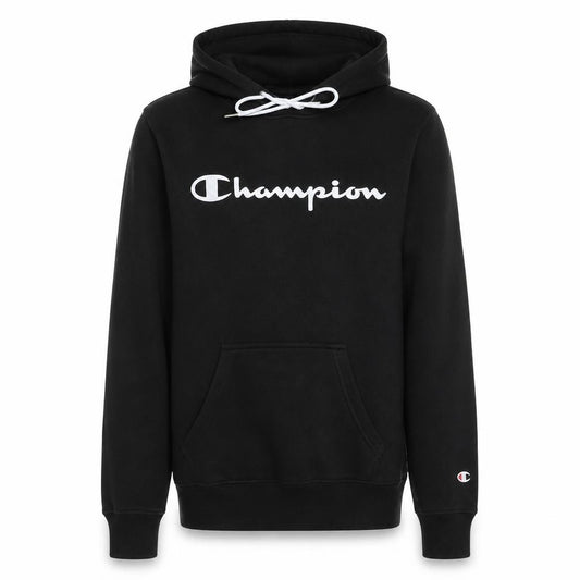 Front view of Champion Men's Black Small Pullover Hoodie with Logo Print