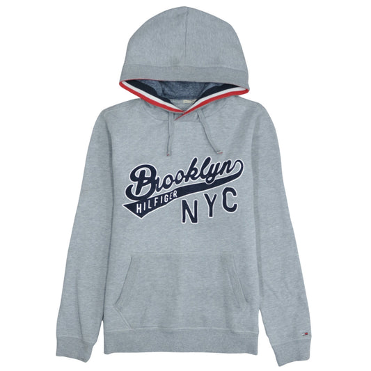 Front view of Tommy Hilfiger Men's Grey Pullover Hoodie S Brooklyn NYC Logo