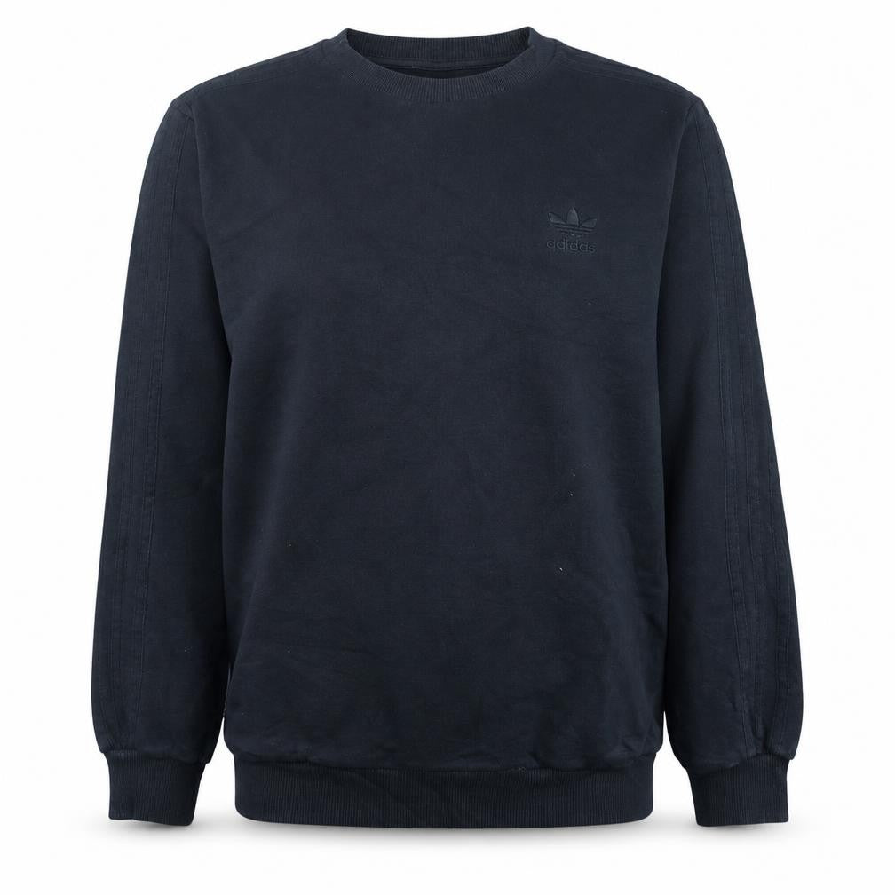 Front view of Adidas men’s black crew neck logo sweatshirt, size M, regular fit