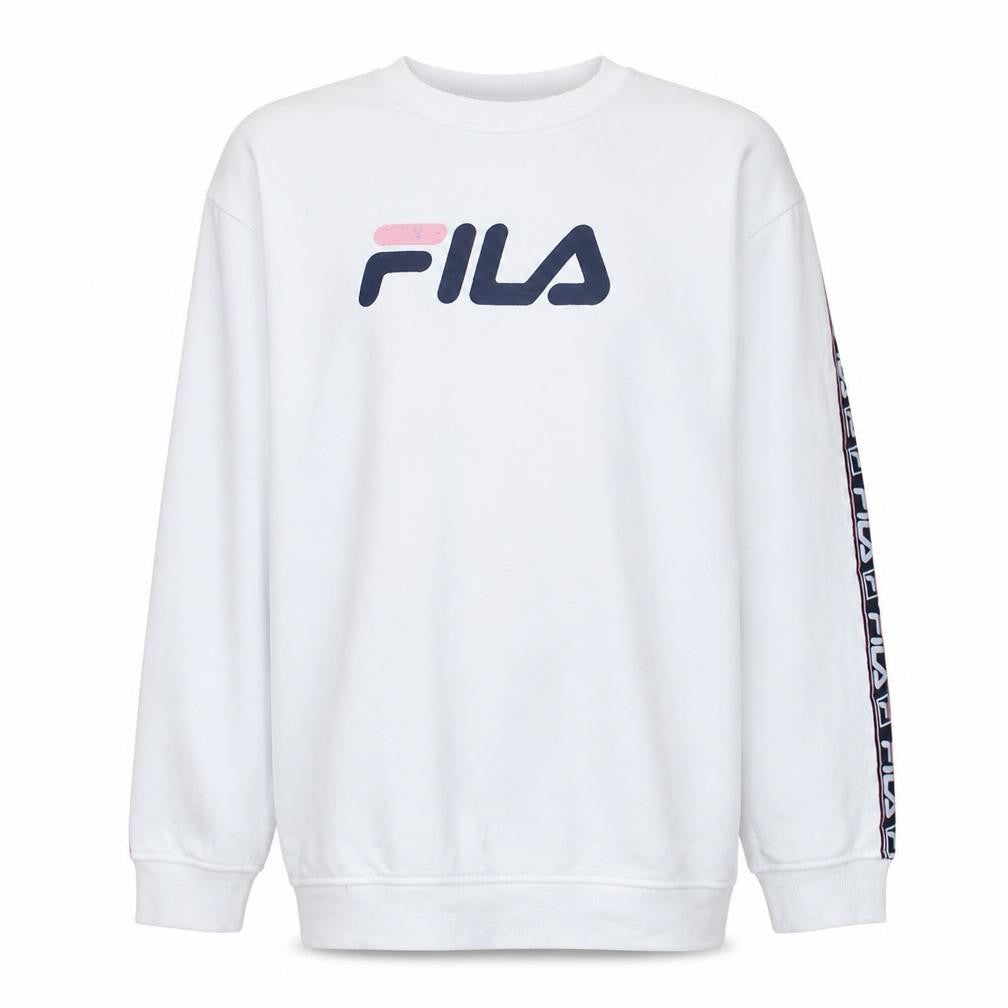 Front view of Fila men’s white logo pullover sweatshirt, size L