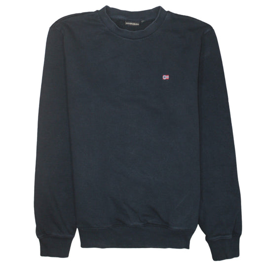 Front view of Napapijri Men’s Blue Crew Neck Sweatshirt, size S, Embroidered Logo