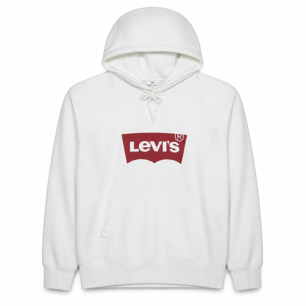 Front view of Levi's Men's White Pullover Hoodie Medium Logo Fleece Sweatshirt
