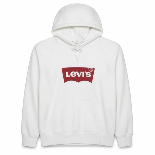 Front view of Levi's Men's White Pullover Hoodie Medium Logo Fleece Sweatshirt