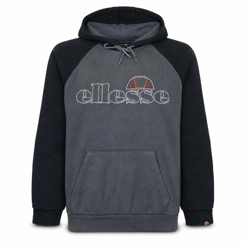 Front view of Ellesse Men's Grey Pullover Hoodie L Logo Embroidered Fleece Sweatshirt