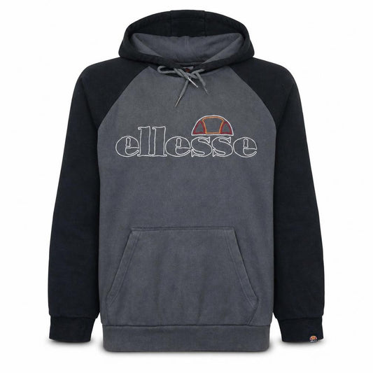 Front view of Ellesse Men's Grey Pullover Hoodie L Logo Embroidered Fleece Sweatshirt