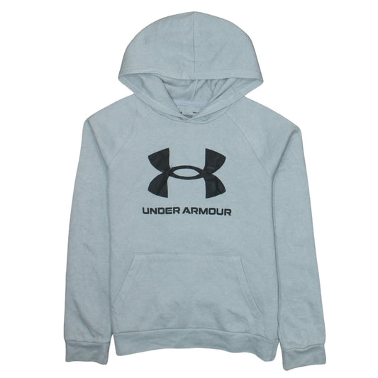 Front view of Under Armour Teens Grey Logo Pullover Hoodie, size L, Fleece