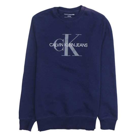 Front view of Calvin Klein Men's Blue Regular Fit Crew Neck Logo Sweatshirt S