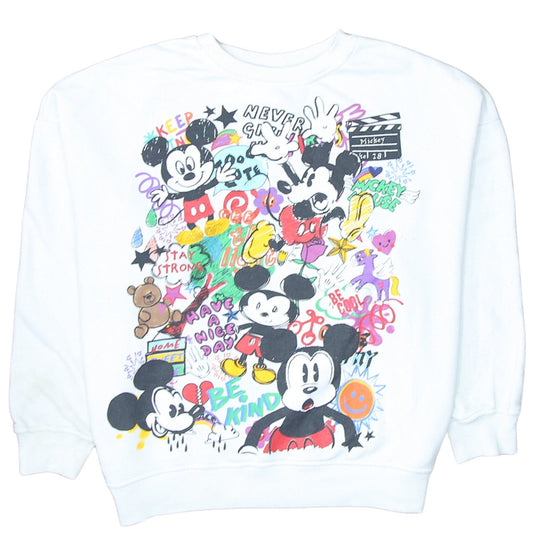 Front view of Disney Mickey Mouse White Graphic Print Sweatshirt L unisex adults