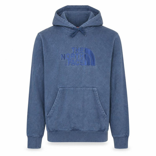 Front view of The North Face Men's Blue Pullover Hoodie, size M, Embroidered Logo Cotton