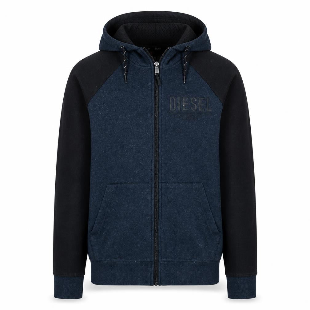 Front view of Diesel Men's Blue Full Zip Hoodie Small Logo Cotton Blend