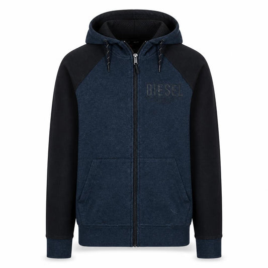 Front view of Diesel Men's Blue Full Zip Hoodie Small Logo Cotton Blend