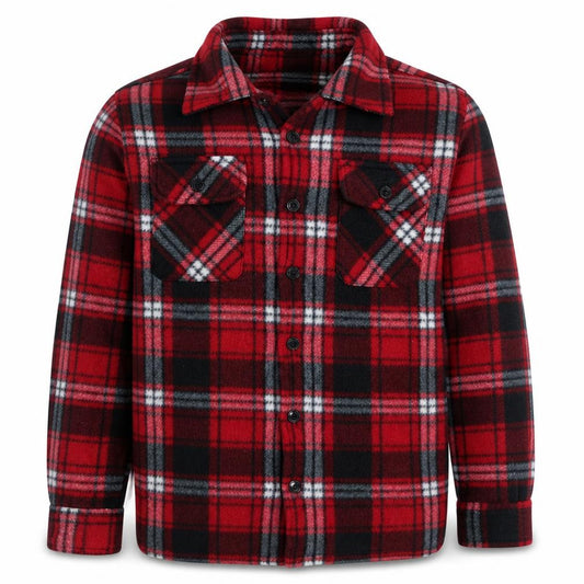 Front view of PURE BASIC Men's Red Check Fleece Button Jacket, size S