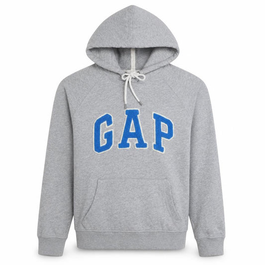 Front view of Gap Men’s Grey Pullover Hoodie Small Logo Sweatshirt
