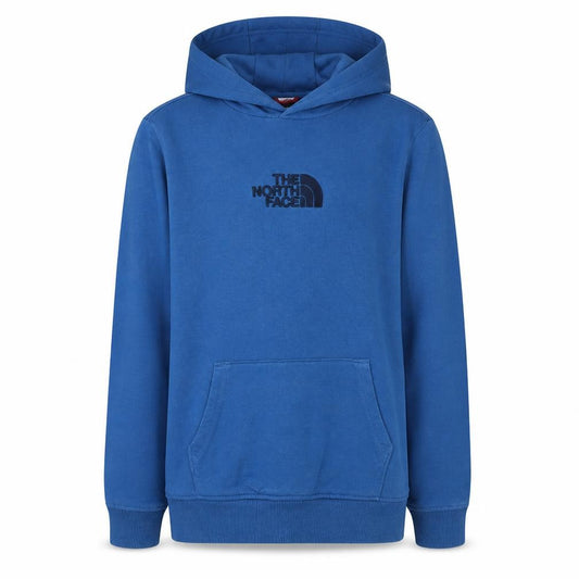 Front view of The North Face boys’ blue pullover hoodie l/g 100% cotton logo hooded sweatshirt