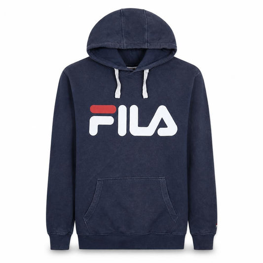 Front view of Fila Men Blue Pullover Hoodie Small Logo Fleece Sweatshirt