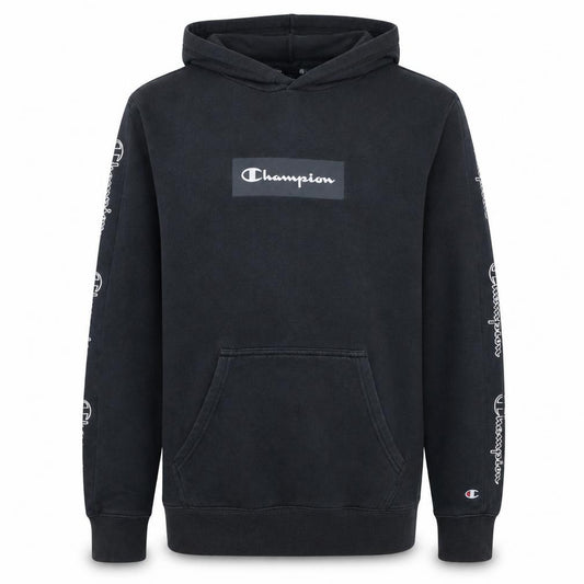 Front view of Champion Men's Black Medium Pullover Hoodie Logo Graphic