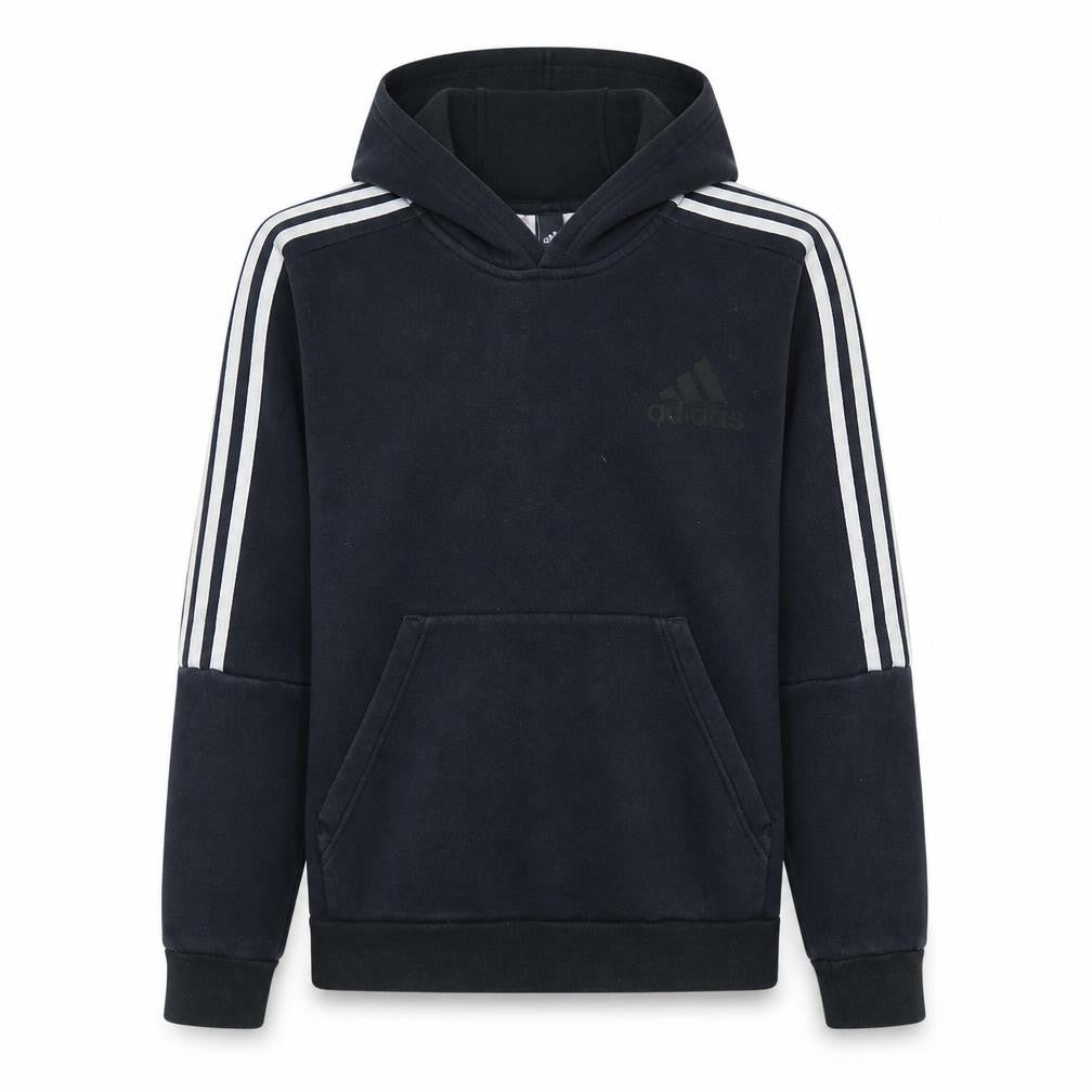 Front view of Adidas boys’ black pullover hoodie 13-14 years classic 3-stripes design