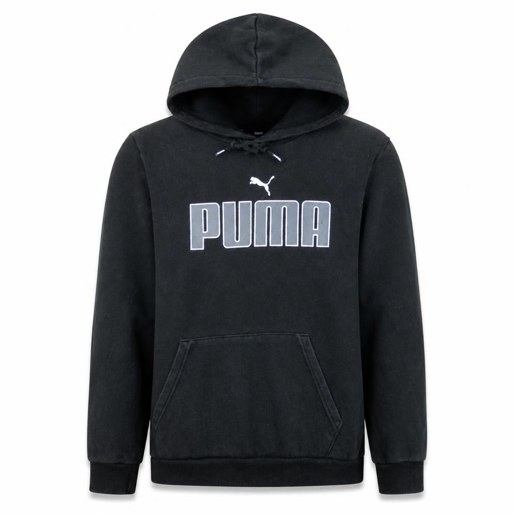 Front view of Puma Men's Black Pullover Hoodie, size L, Graphic Logo Fleece
