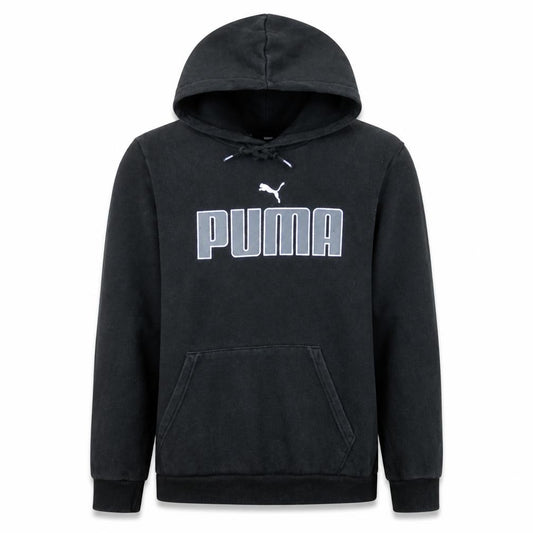Front view of Puma Men's Black Pullover Hoodie, size L, Graphic Logo Fleece