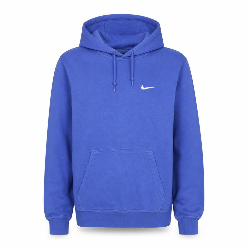 Front view of Nike Men's Blue Small Pullover Hoodie with White Logo