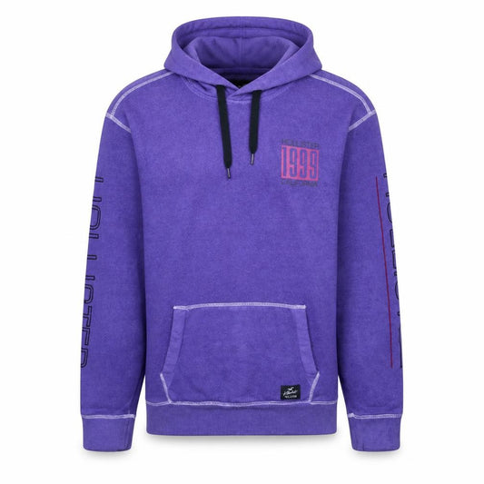 Front view of Hollister Men’s Purple Pullover Hoodie L 1999 Logo Fleece Sweatshirt