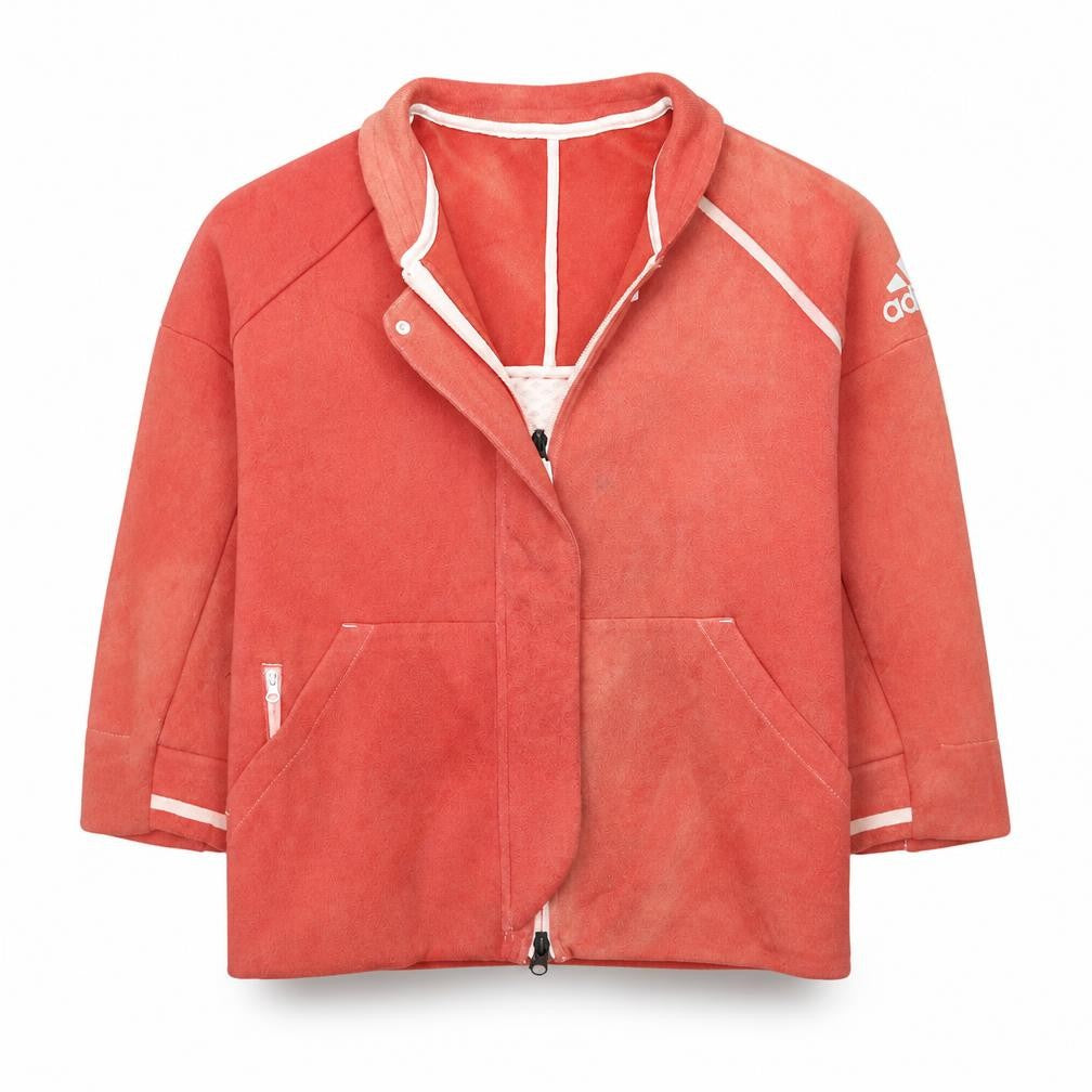Front view of Adidas women’s coral red full zip sweatshirt, size M, 12-14 lined pockets