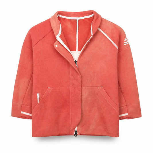 Front view of Adidas women’s coral red full zip sweatshirt, size M, 12-14 lined pockets