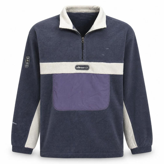 Front view of Ellesse men’s blue xl fleece 1/2 zip retro pullover sweatshirt