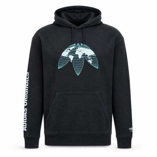 Front view of Adidas men’s black pullover hoodie l graphic logo sportswear