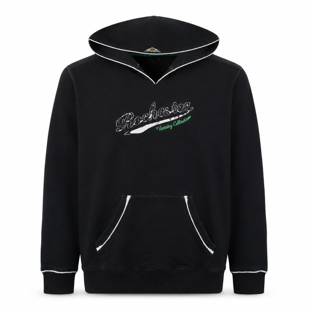 Front view of Champion Men’s Black Pullover Hoodie XXL Rochester Varsity Collection