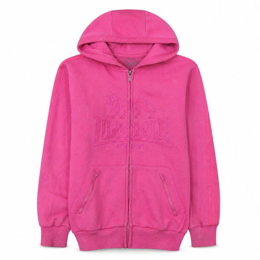 Front view of Lonsdale London women’s pink full zip hoodie, size UK 10