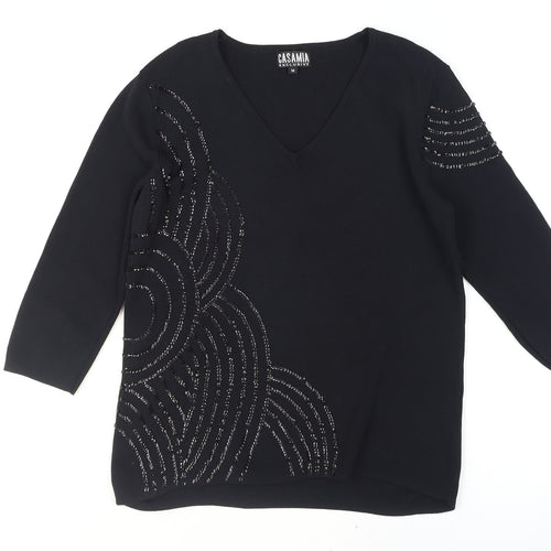 Casamia Women's Black Beaded V-Neck 3/4 Sleeve Pullover Jumper M