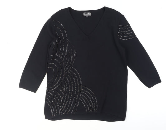 Casamia Women's Black Beaded V-Neck 3/4 Sleeve Pullover Jumper M