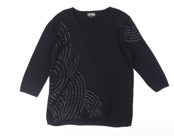 Casamia Women's Black Beaded V-Neck 3/4 Sleeve Pullover Jumper M