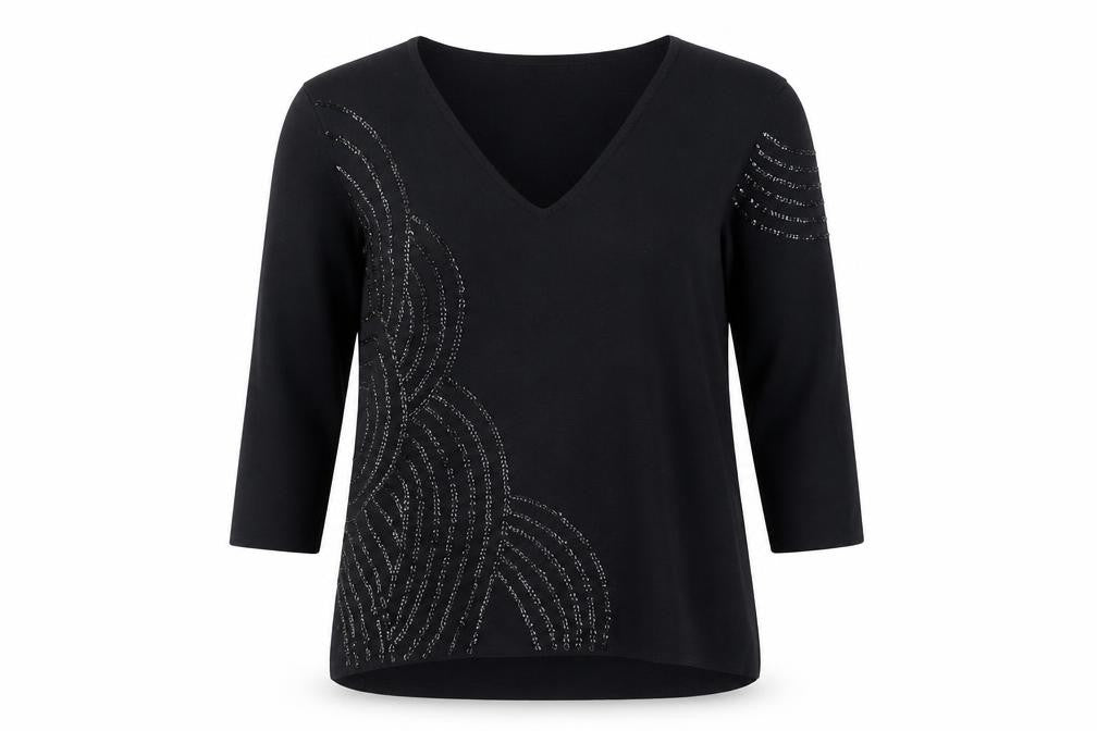 Front view of Casamia Women's Black Beaded V-Neck 3/4 Sleeve jumper M