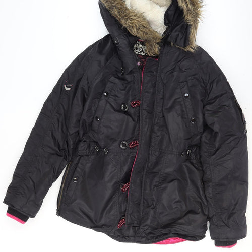 Superdry Women's Black Faux Fur Hooded Flight Jacket Size M
