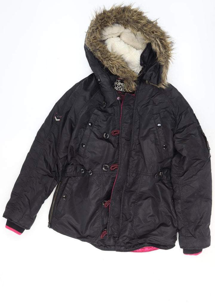 Superdry Women's Black Faux Fur Hooded Flight Jacket Size M