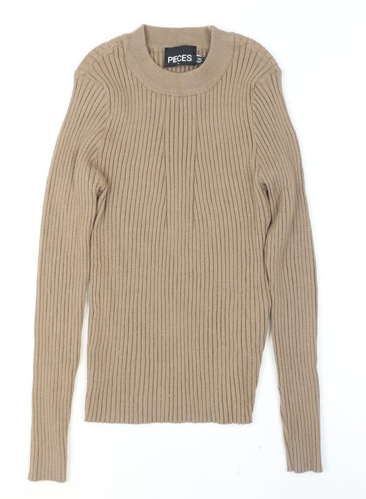 Pieces Womens Beige Ribbed Knit Crew Neck Pullover Jumper XL
