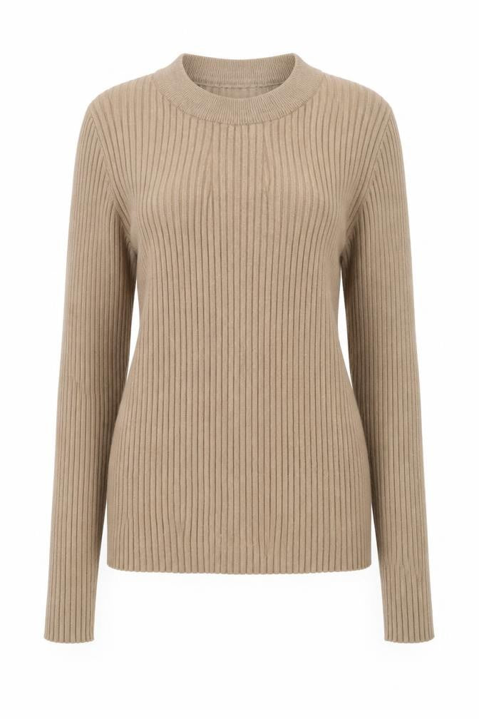 Front view of Pieces women’s beige ribbed knit crew neck jumper xl