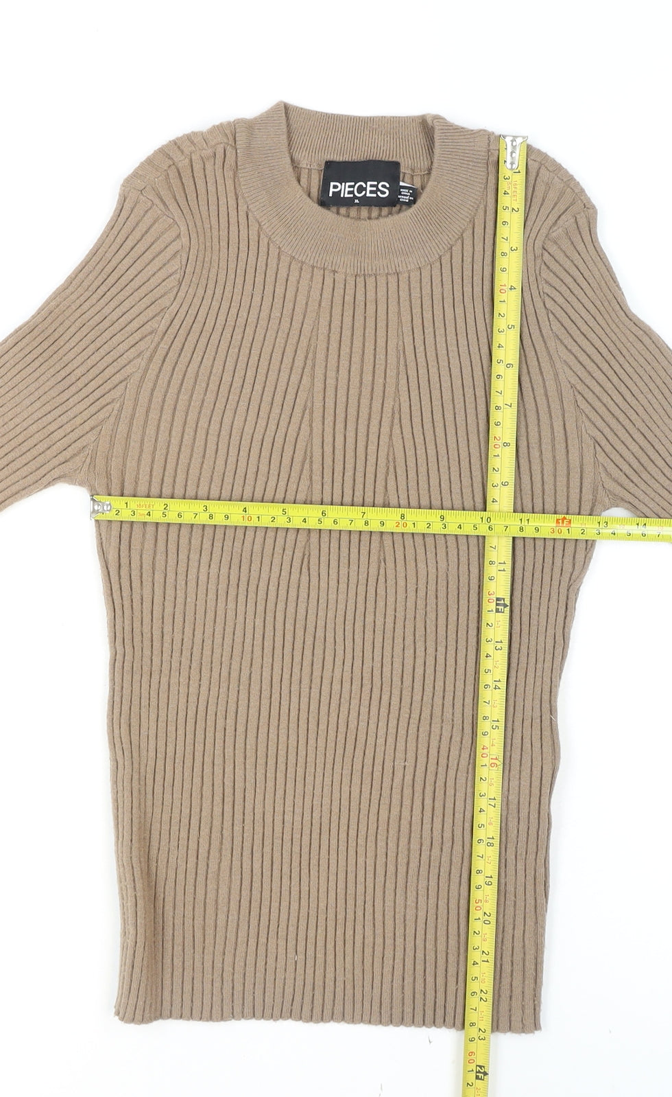 Pieces Womens Beige Ribbed Knit Crew Neck Pullover Jumper XL