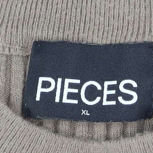 Pieces Womens Beige Ribbed Knit Crew Neck Pullover Jumper XL