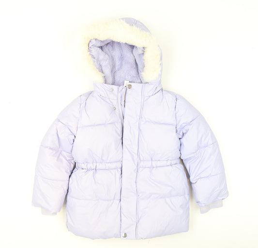 Marks and Spencer Girls Purple Hooded Puffer Jacket 4-5 Years Faux Fur Trim