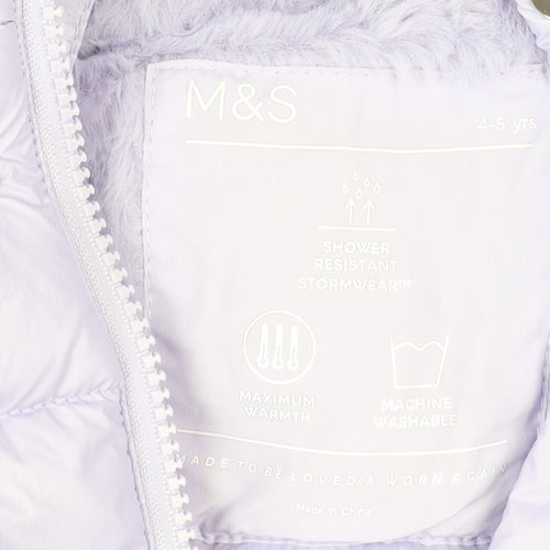 Marks and Spencer Girls Purple Hooded Puffer Jacket 4-5 Years Faux Fur Trim