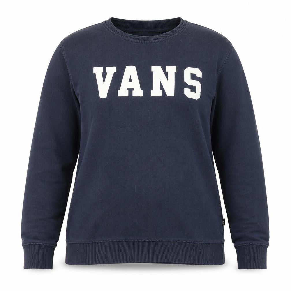 Front view of Vans women’s navy blue crew neck pullover sweatshirt medium