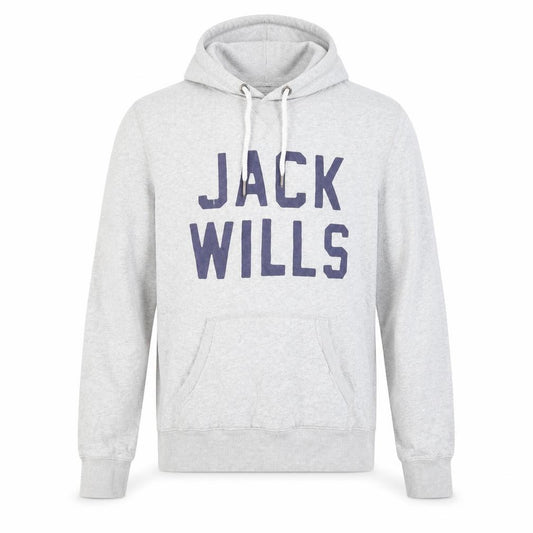Front view of Jack Wills men’s grey xs pullover hoodie with logo print