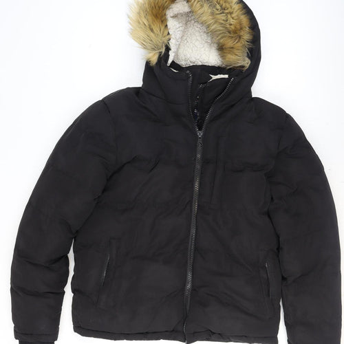 SoulCal & Co Boys Black Hooded Faux Fur Trim Puffer Jacket Size S Winter Coat