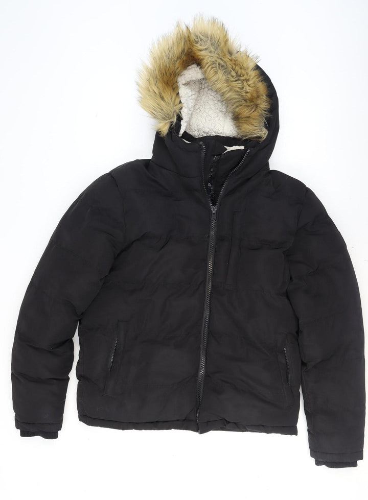 SoulCal & Co Boys Black Hooded Faux Fur Trim Puffer Jacket Size S Winter Coat