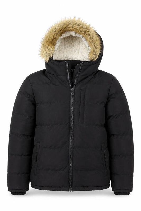 SoulCal & Co Boys Black Hooded Faux Fur Trim Puffer Jacket Size S Winter Coat