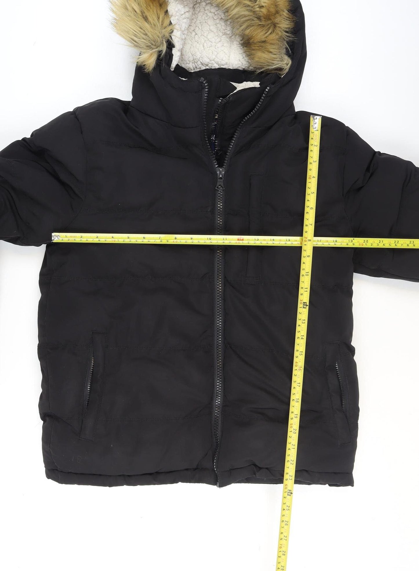 SoulCal & Co Boys Black Hooded Faux Fur Trim Puffer Jacket Size S Winter Coat