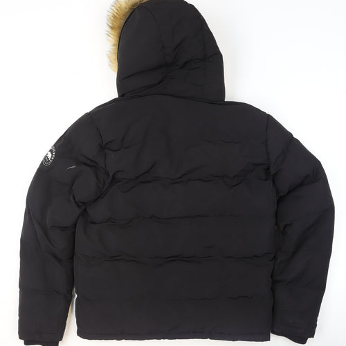SoulCal & Co Boys Black Hooded Faux Fur Trim Puffer Jacket Size S Winter Coat